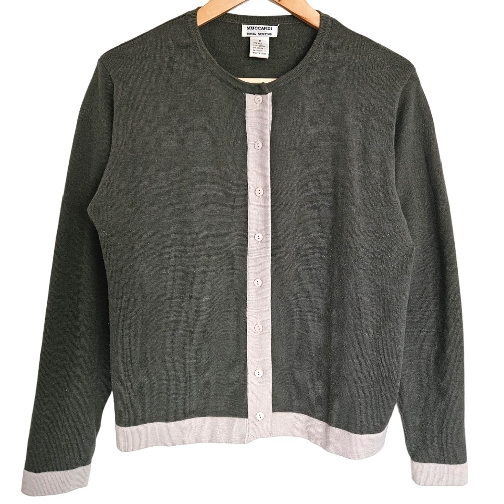 As-is*‎ Vintage Muccardi Green Beige Silk Blend Colourblock Cardigan Medium